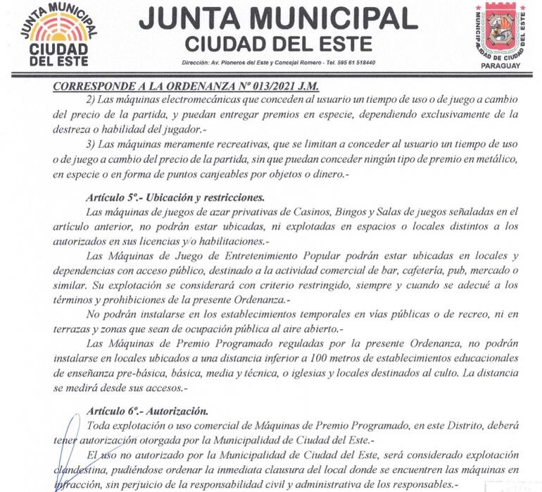 Facsímil de la ordenanza N° 13/2021 de Ciudad del Este en la cual se aprecia que permite el uso de tragamonedas en sitios no exclusivos de juegos de azar, en contra de lo que establece la Ley N°1016 de Juegos de Azar y el Decreto N° 3083/15.