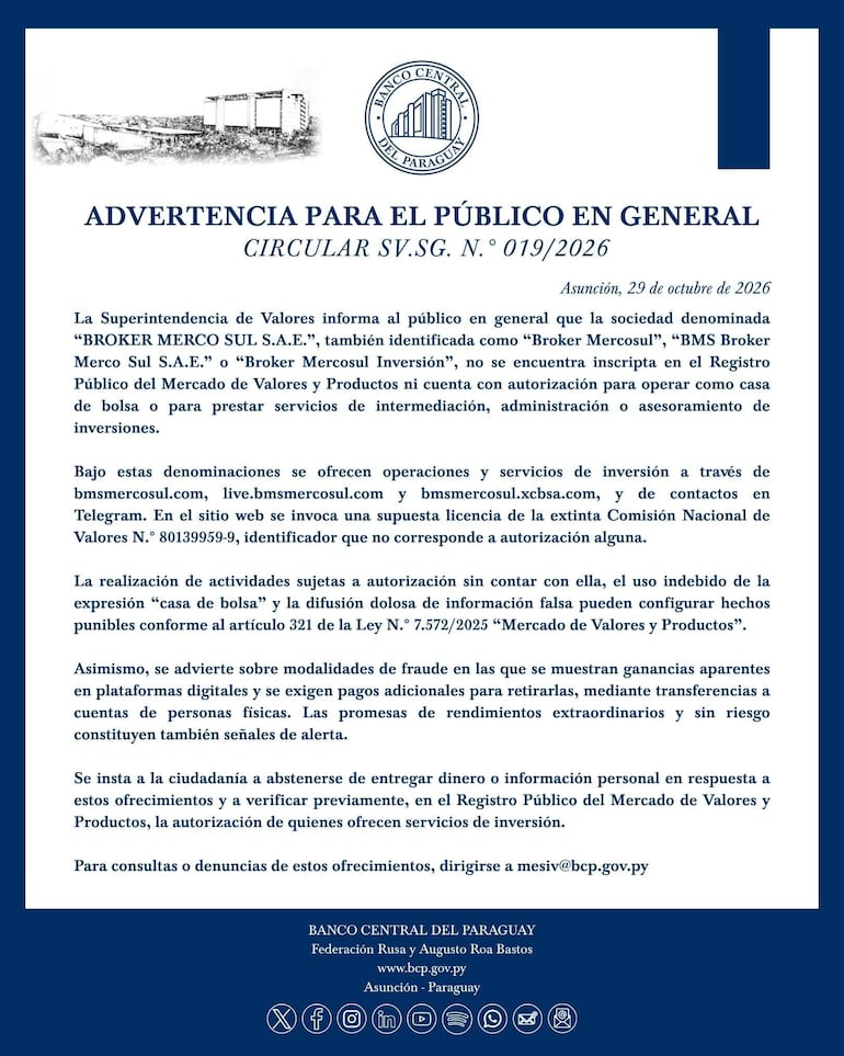 Circular del Banco Central del Paraguay con texto de advertencia sobre Broker Merco Sul S.A.E., sin personas visibles.