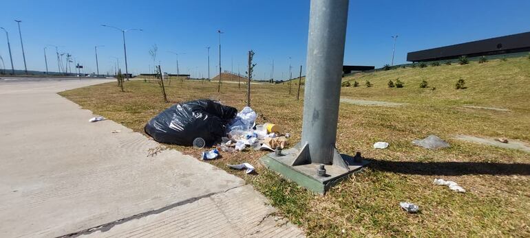 Bolsas, botellas y vasos de plástico, restos de alimentos, entre otros desperdicios, inundan gran parte de la zona peatonal de la Costanera Sur.