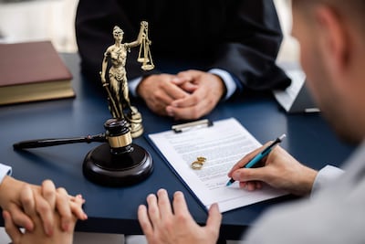 Persona con vestimenta formal escucha mientras otra firma documentos sobre una mesa con martillo de juez y estatua de la Justicia.