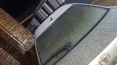 Automóvil Toyota estacionado, parcialmente cubierto de hielo en un área residencial con paredes de ladrillo expuestas.
