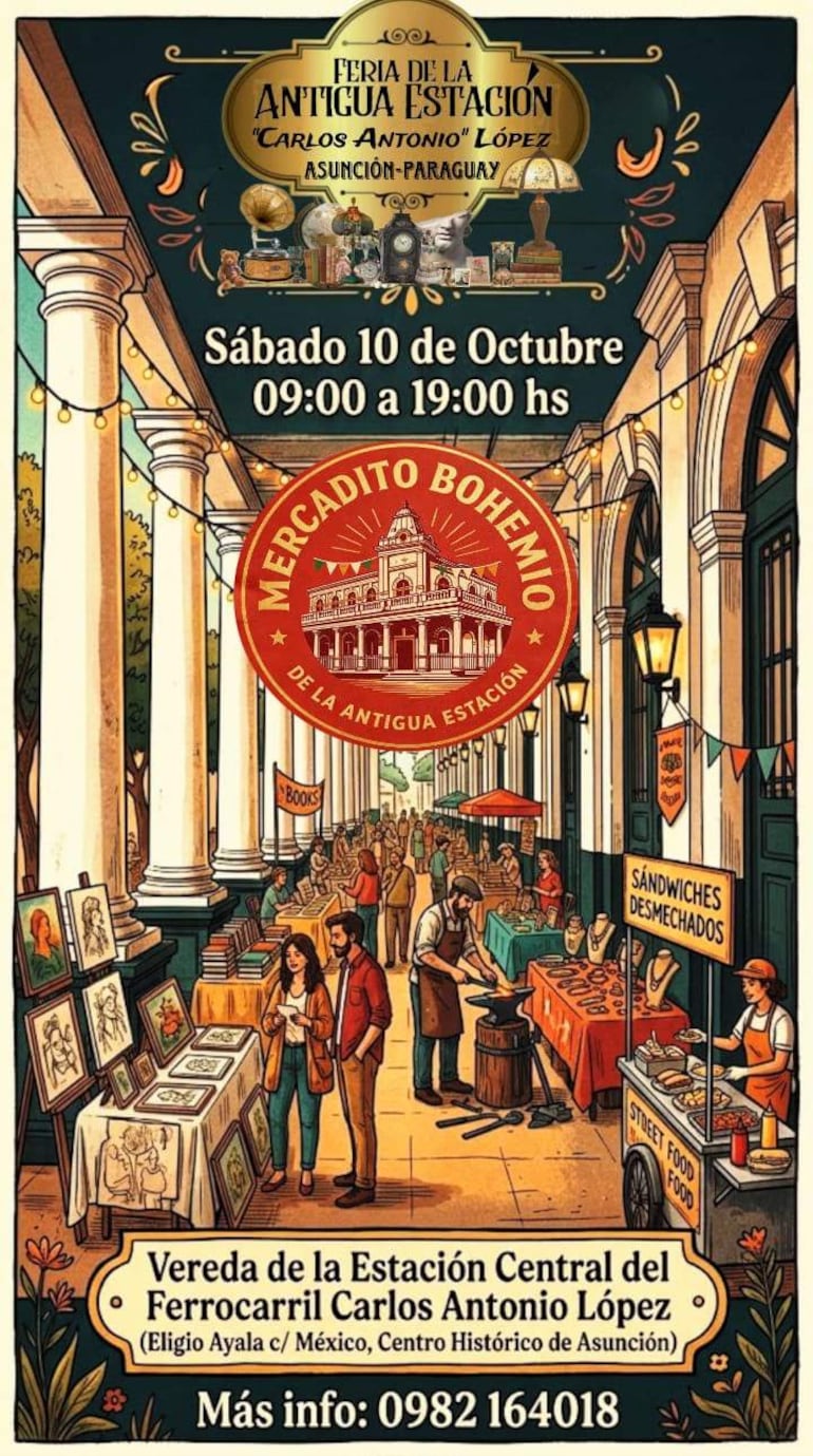 Gran espacio exterior con puestos de libros y alimentos en ambiente festivo, decoraciones coloridas y mesas cubiertas.