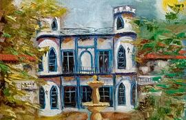 La obra de Gladys Ginés, que retrata al Hotel del Lago, es parte de la muestra.