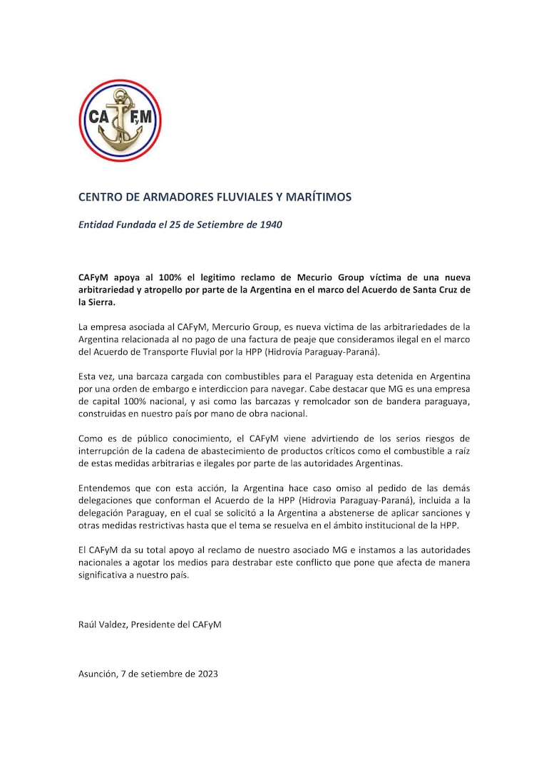 Comunicado del Centro de Armadores Fluviales y Marítimos del Paraguay.