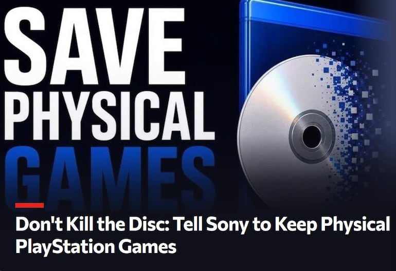 Texto en una pancarta que aboga por mantener los juegos físicos de PlayStation, junto a discos y DVD en un evento de videojuegos.