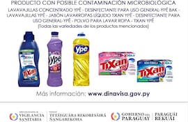 Aviso sanitario de DINAVISA con productos de limpieza Ypê, destacando riesgo de contaminación microbiológica.