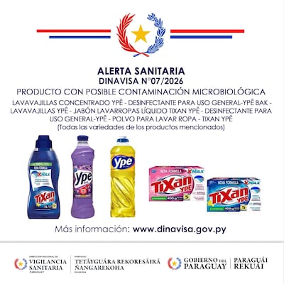 Aviso sanitario de DINAVISA con productos de limpieza Ypê, destacando riesgo de contaminación microbiológica.