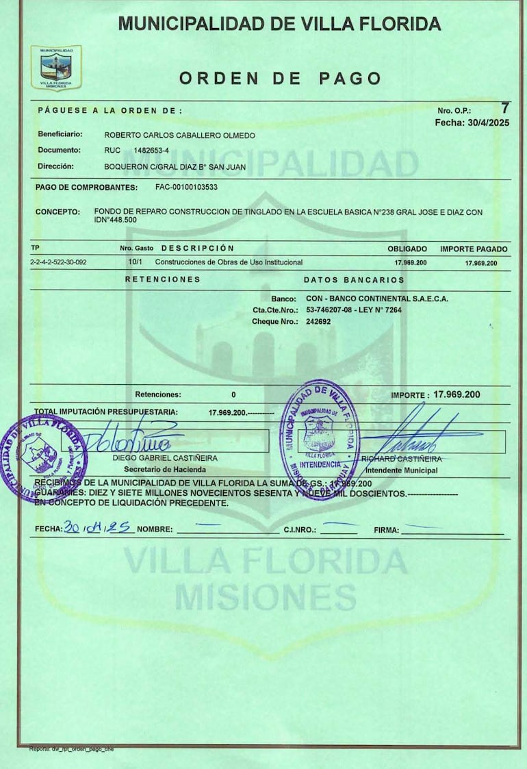 Documento oficial de la Municipalidad de Villa Florida, con detalles de una orden de pago y firma institucional.