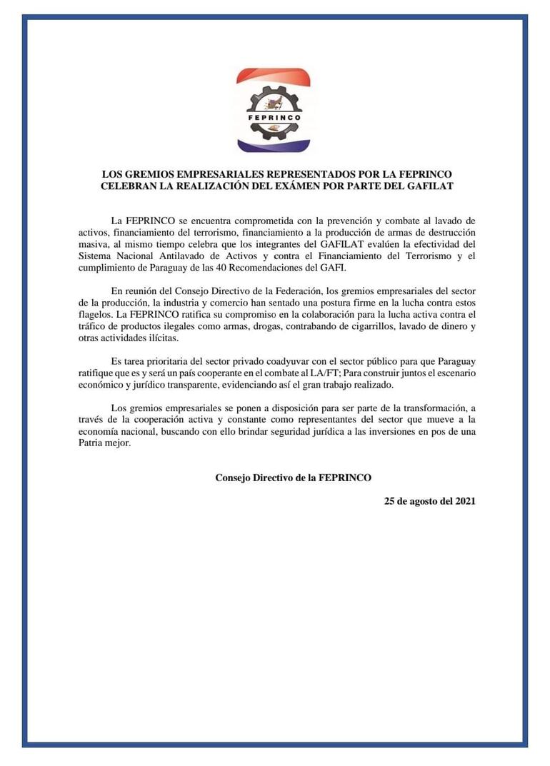 Feprinco celebra presencia de Gafilat en Paraguay