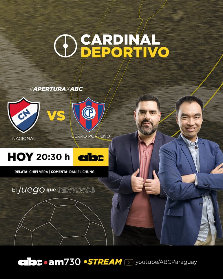 Transmisión del encuentro que sostendrán Nacional y Cerro Porteño, en vivo por la 730 y por ABC TV Paraguay en YouTube.