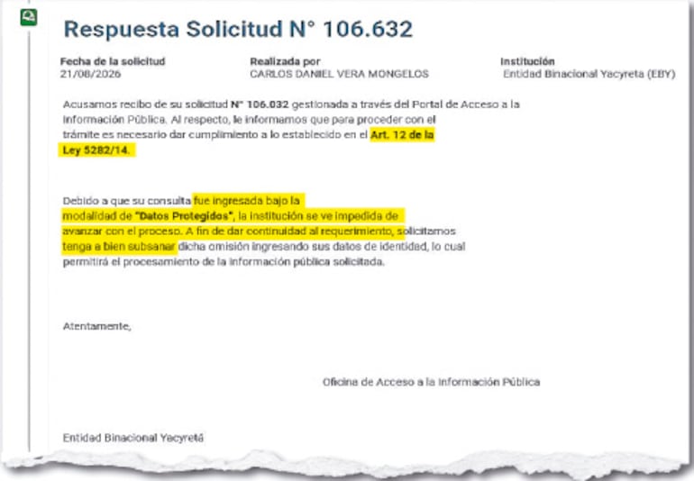 La Entidad Binacional Yacyretá exige la identificación de quienes solicitan acceso a la información pública.