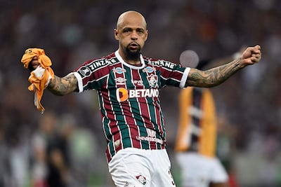 El brasileño Felipe Melo, jugador de Fluminense, celebra la victoria sobre Argentinos Juniors por los octavos de final de la Copa Libertadores 2023 en el estadio Maracaná de Río de Janeiro, en Brasil.