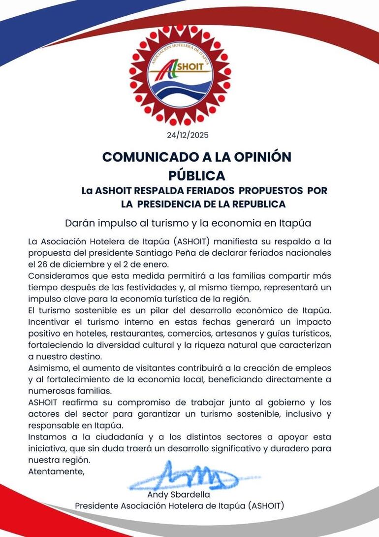 Comunicado de los hoteleros de Itapúa sobre el feriado del 26 de diciembre.