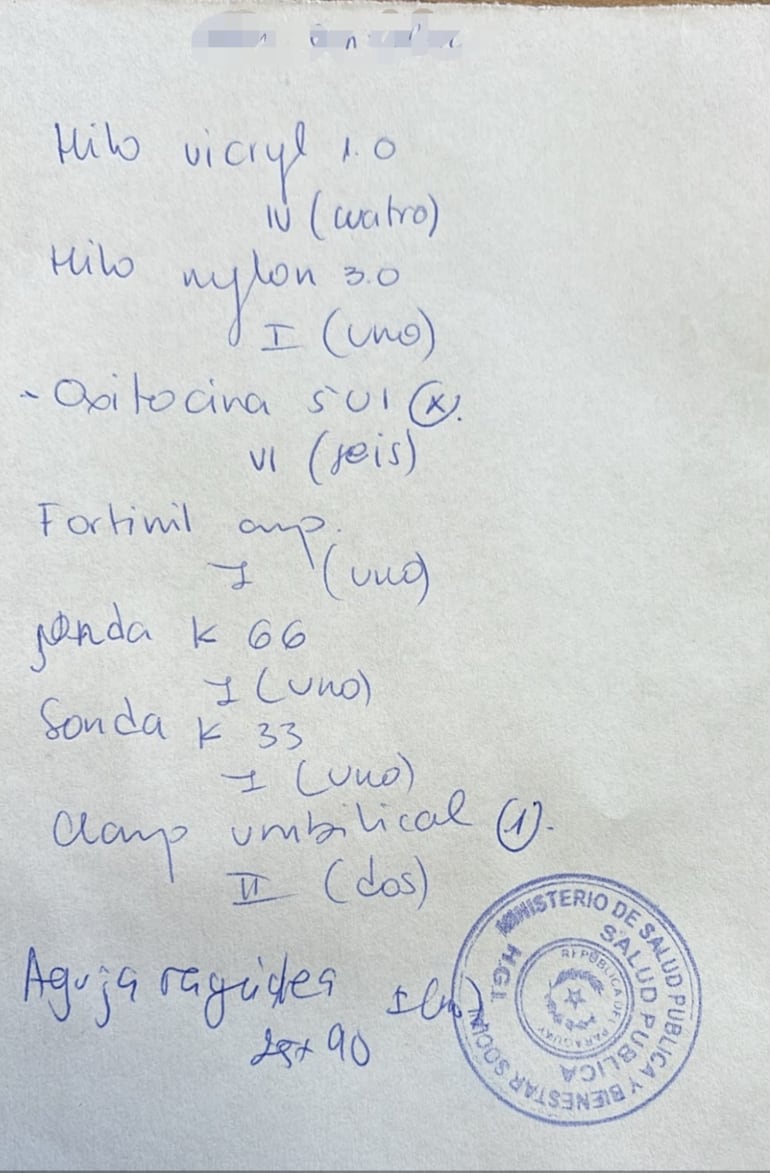 Recete medica entregada a familiares de un paciente en Encarnación.