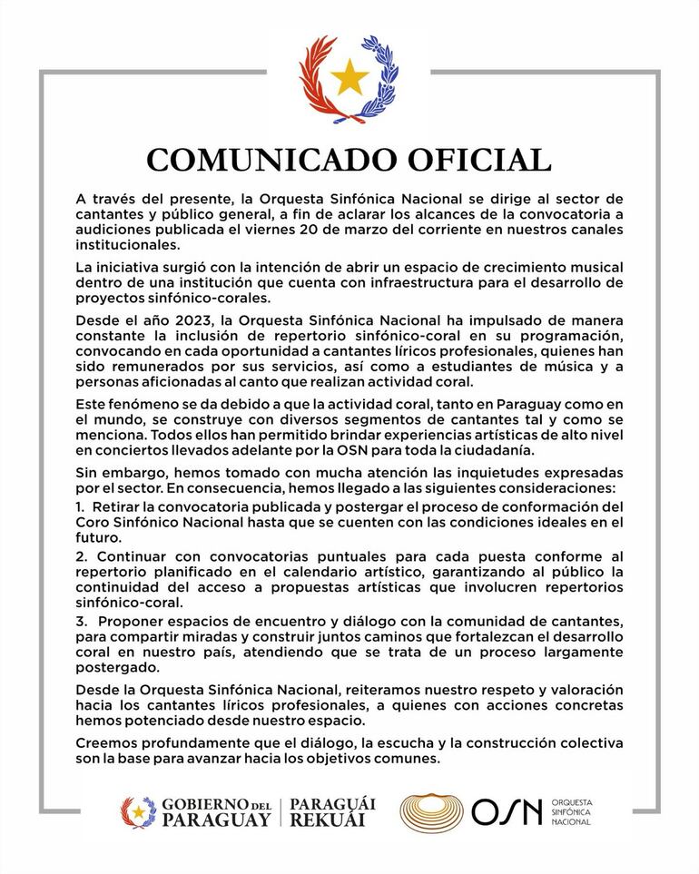 Imagen del comunicado compartido por la Orquesta Sinfónica Nacional en sus redes sociales acerca de la conformación del coro.