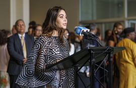 La ministra de Exteriores de Panamá, Janaina Tewaney, habla durante la conferencia de prensa luego de que su país fuera elegido para ocupar un asiento ante al Consejo de Seguridad de las Naciones Unidas.