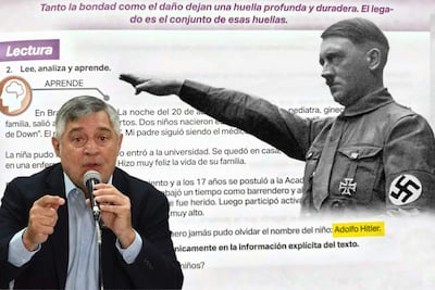 Hombre con chaqueta oscura y camisa clara gesticula ante un micrófono, mientras fondo presenta imagen de militar.