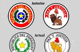 Emblemas patrios anteriores y actuales de Paraguay, con diseños contrastantes en fondo blanco y rojo, sin personas presentes.