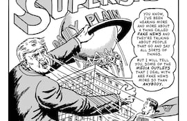 Cómic de "superhéroes" de R. Sikoryak, al estilo de Curt Swan y Stan Kaye, de su serie "Unquotable Trump"