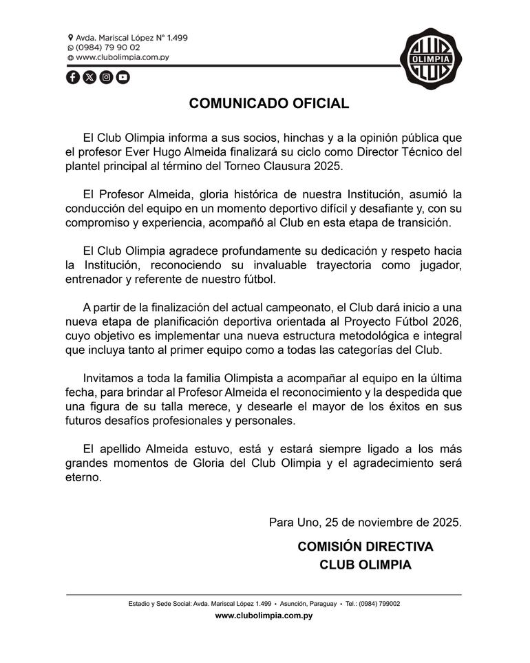 Olimpia anunció oficialmente la salida de Éver Hugo Almeida.