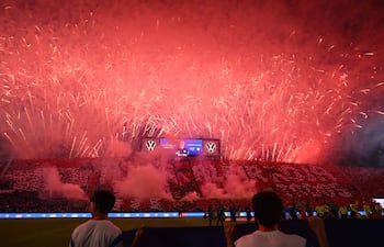Fireworks explode before the start of the international friendly football match between Paraguay and Nicaragua at the Defensores del Chaco Stadium in Asuncion on June 5, 2026. (Photo by DANIEL DUARTE / AFP)