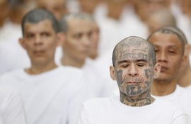 Imagen difundida por el Gobierno salvadoreño de presuntos integrantes de la Mara Salvatrucha (MS13), recluidos en el Centro de Confinamiento del Terrorismo (CECOT), reacciona en una audiencia virtual, en Tecoluca (El Salvador).