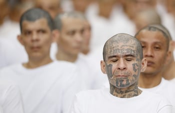 Imagen difundida por el Gobierno salvadoreño de presuntos integrantes de la Mara Salvatrucha (MS13), recluidos en el Centro de Confinamiento del Terrorismo (CECOT), reacciona en una audiencia virtual, en Tecoluca (El Salvador).