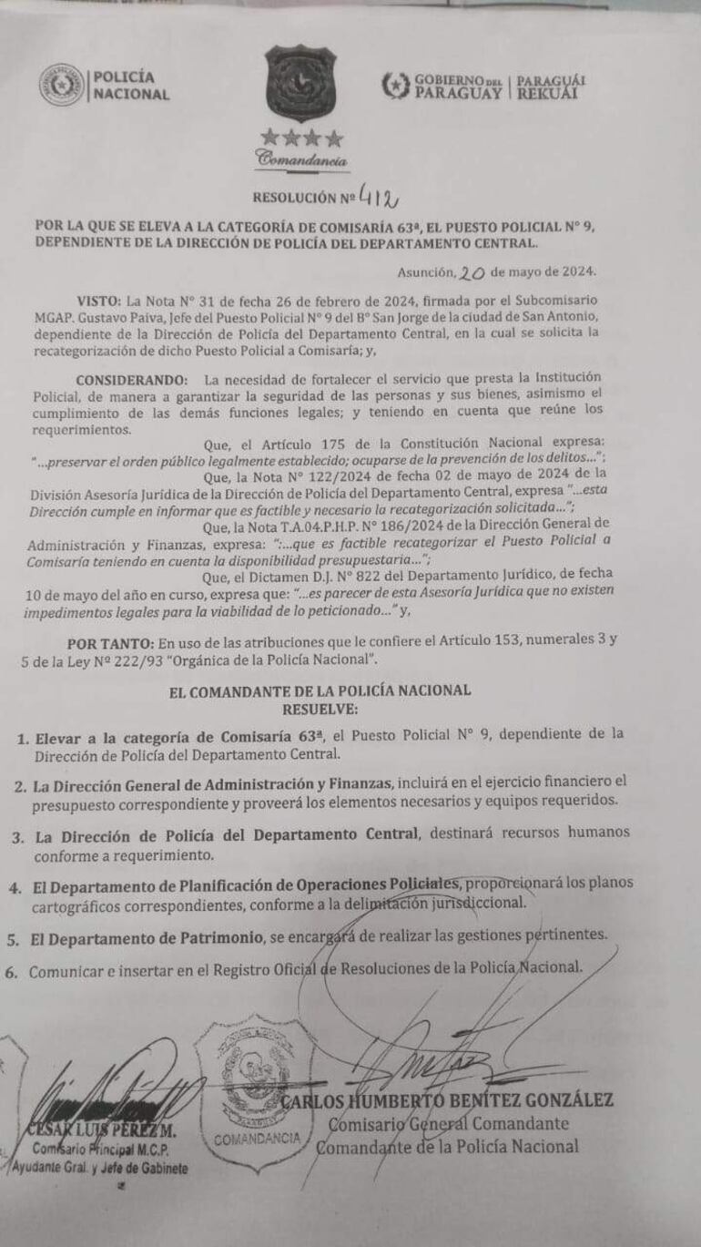 Resolución que eleva a la categoría de comisaría n° 63 al puesto policial 09 del barrio San Jorge de San Antonio.