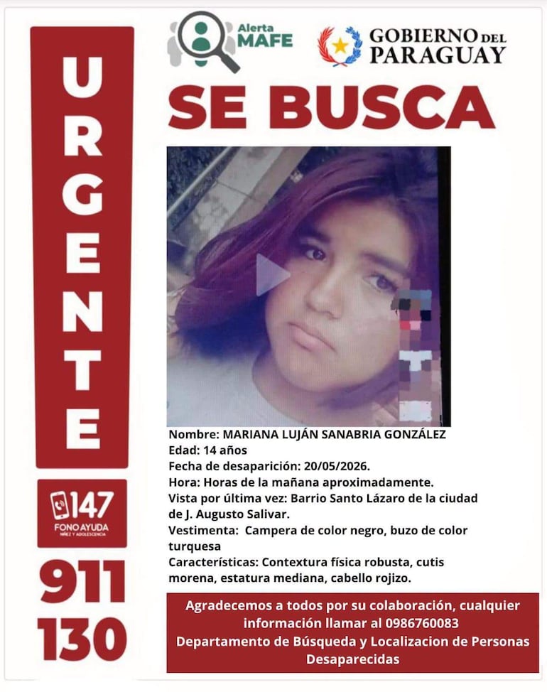Cartel de alerta con información sobre Mariana Luján Sanabria González, desaparecida, vestida con campera negra y buzo turquesa.