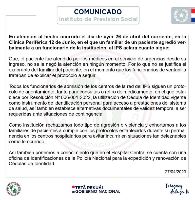 Comunicado del IPS.