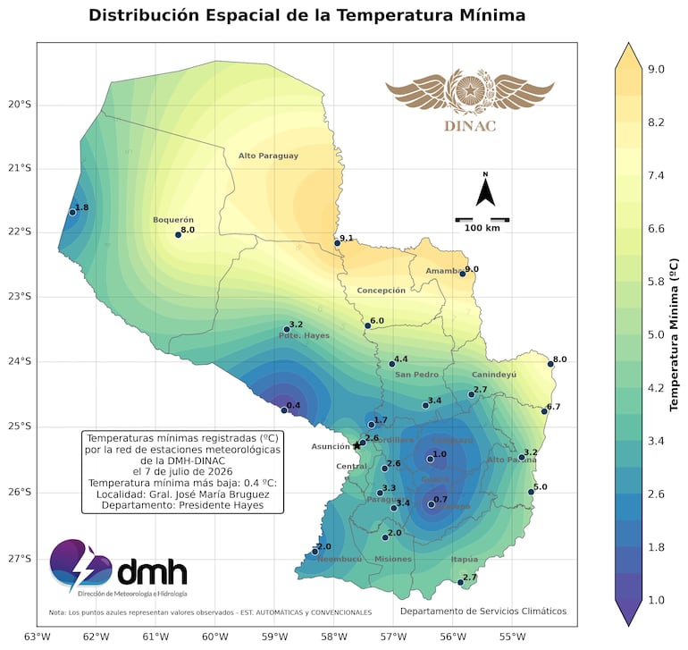 mapa frío meteorología Paraguay martes 7 julio 2026