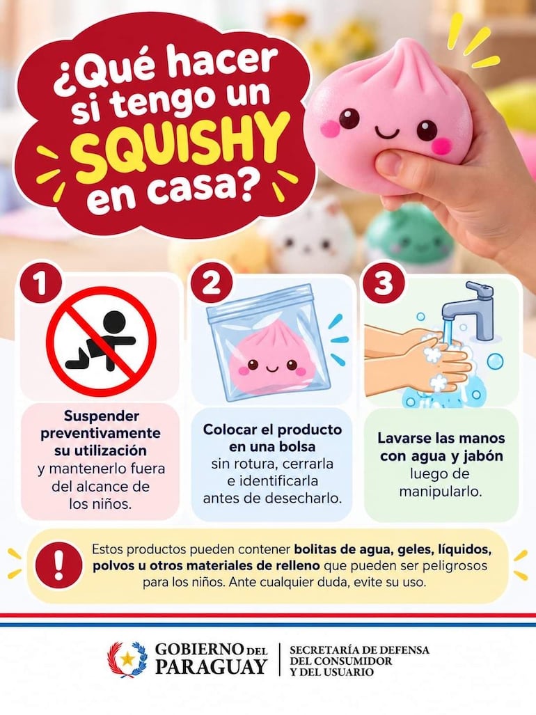 Cartel informativo sobre el manejo seguro de 'squishys', con instrucciones claras destacadas.
