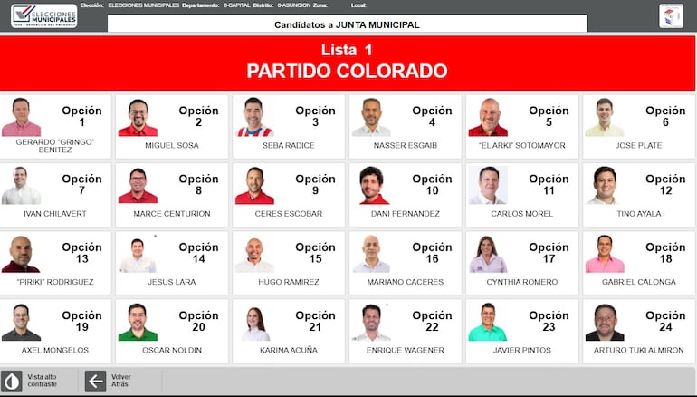 Pantalla de votación para candidatos a concejales de la ANR en Asunción.