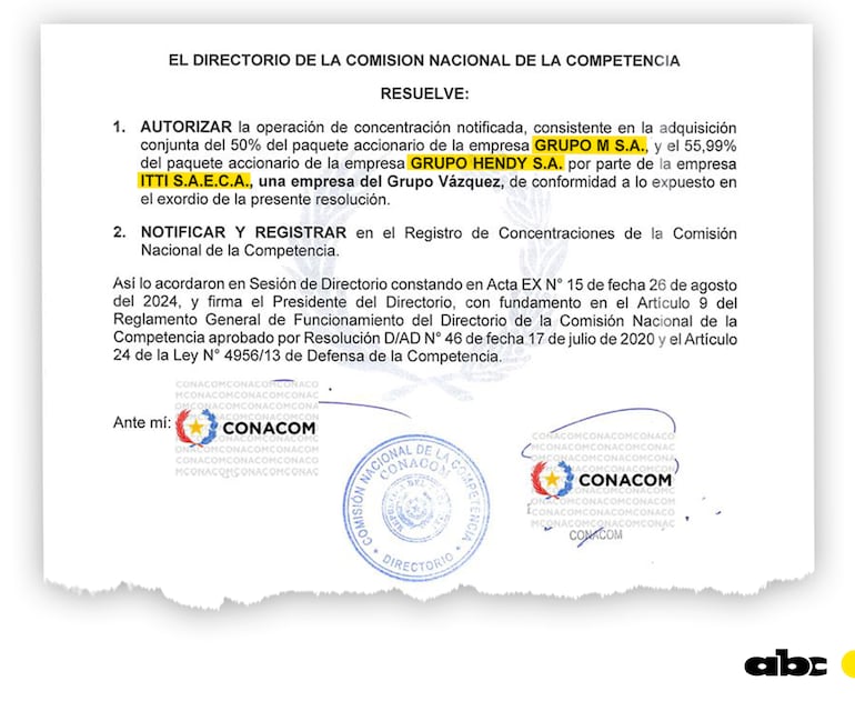 Itti S.A.E.C.A., la compañía del Grupo Vázquez, notificó a la Conacom la adquisición de paquetes accionarios del Grupo M S.A. y Grupo Hendy S.A.