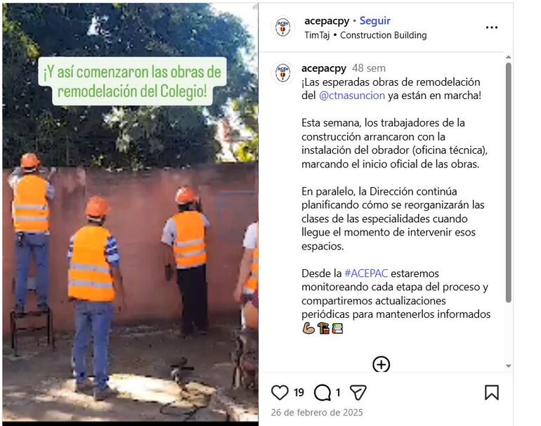 La Asociación de Cooperadora Escolar del CTN anunció el inicio de obras el 26 de febrero del 2025.