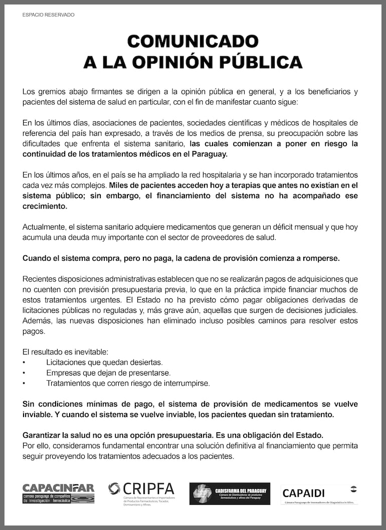 Comunicado a la opinión pública sobre la falta de medicamentos en los hospitales públicos.