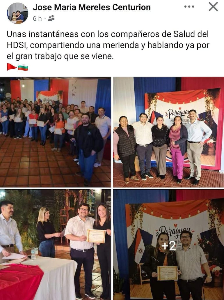 Un grupo de funcionarios del Hospital de San Ignacio (HDSI) sostiene certificados en un evento de merienda y reconocimientos tras el trabajo político a favor de la candidata colorada María Gloria Rodríguez.