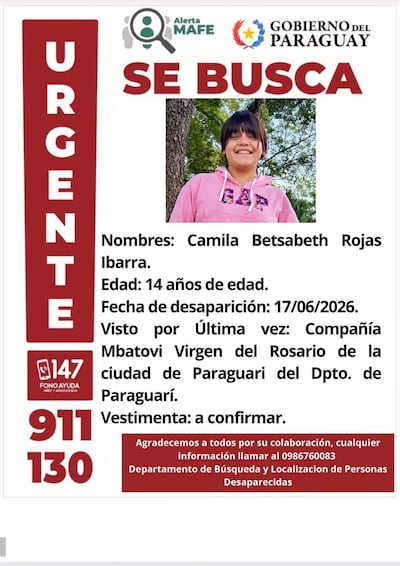 Cartel de búsqueda con imágenes de Camila Betsabeth Rojas Ibarra, vestida con chaqueta rosa y sonriendo, rodeada de información de contacto.