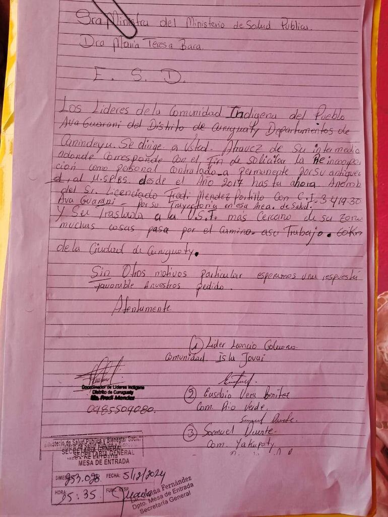 La comunidad indígena del pueblo Ava Guaraní solicita atención del Ministerio de Salud Pública para mejorar servicios en su región.