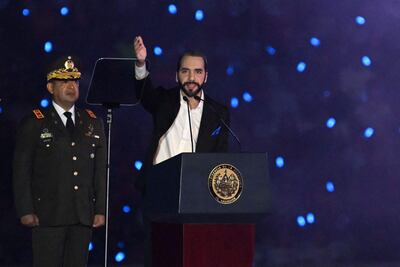 El presidente de El Salvador, Nayib Bukele, durante una ceremonia oficial en la capital salvadoreña. (AFP)