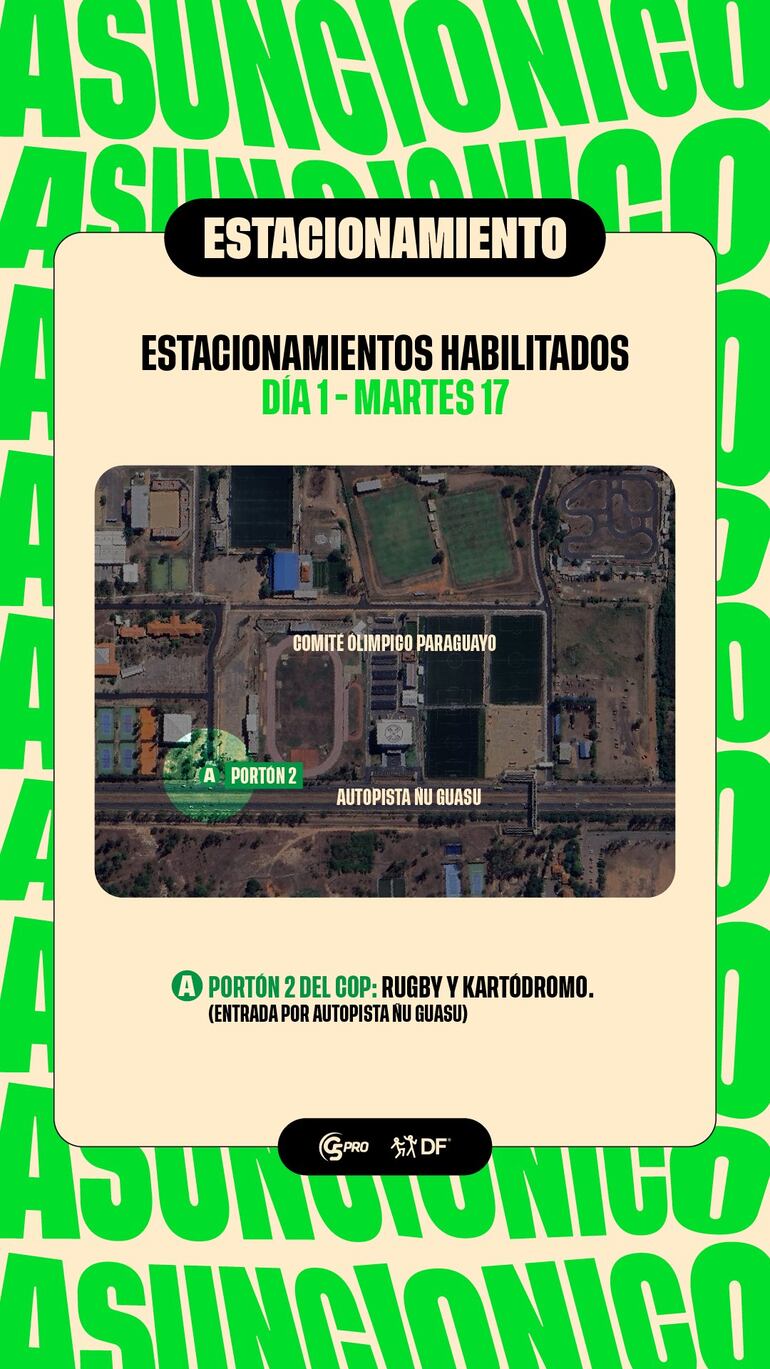 Mapa del acceso al estacionamiento del COP para el Día 1 del festival Asunciónico.