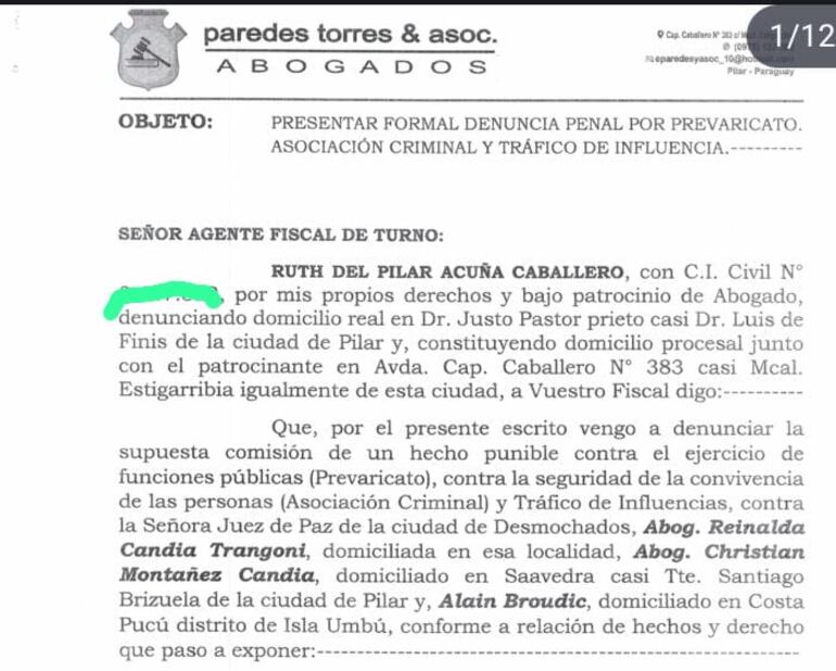 Parte de la denuncia contra la jueza Reinalda Candia Trangoni, presentada ante el Ministerio Público por Ruth Del Pilar Acuña.
