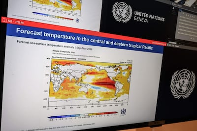 Datos de las temperaturas oceánicas globales presentados durante una conferencia de prensa de la Organización Meteorológica Mundial sobre El Niño.