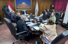 Hassel Jimmy Jiménez y Cecilia Rodríguez discuten, mientras José Emilio Argaña lidera la reunión con banderas al fondo.