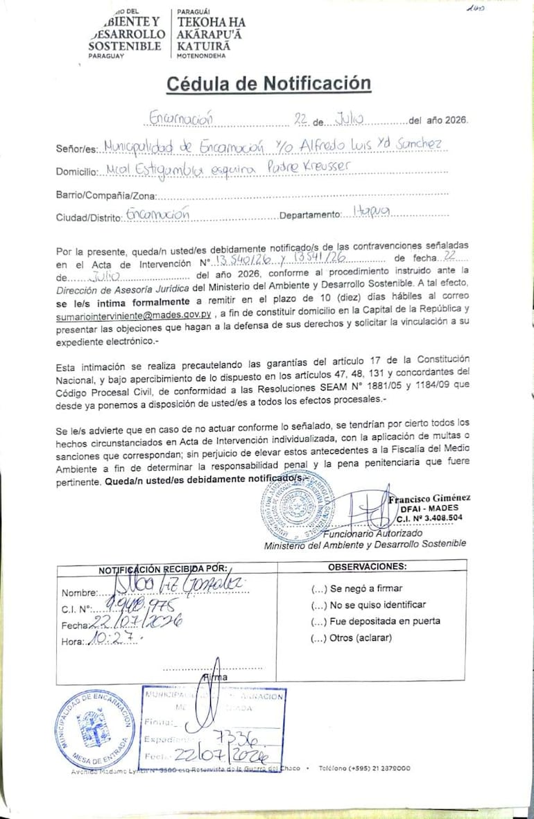 Documento oficial que detalla notificaciones sobre contravenciones relacionadas con la intervención del Ministerio del Ambiente.