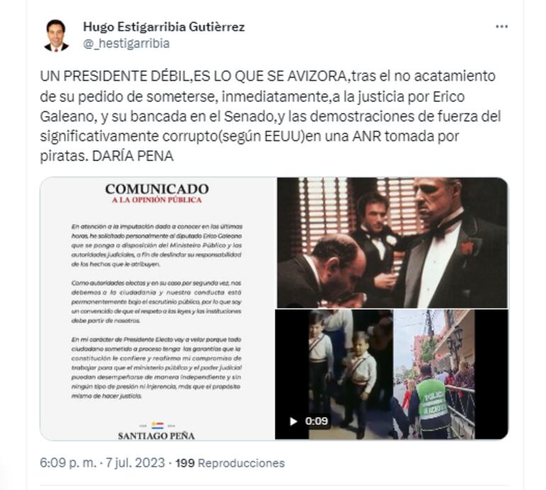 Tuit de Hugo Estigarribia sobre debilidad de Santiago Peña. (Fuente Twitter).