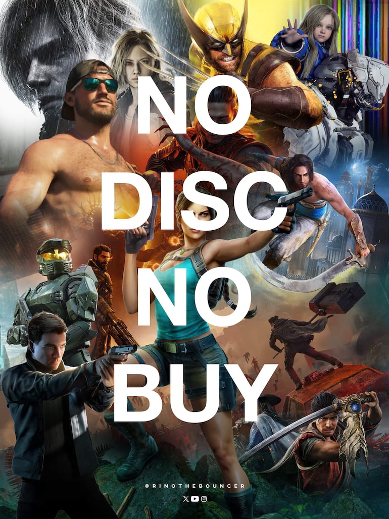 Collage de personajes de videojuegos en colores vivos, transmitiendo acción y un mensaje claro sobre la compra de videojuegos.