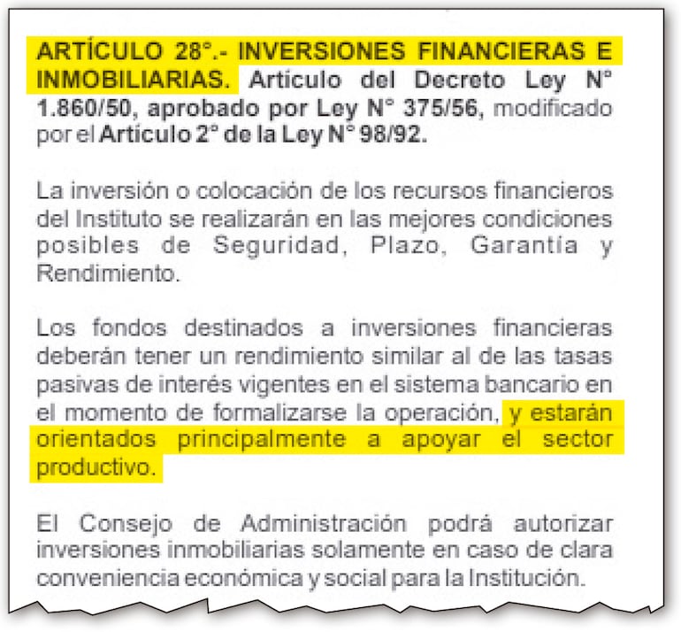 Artículo 28 de la Carta Orgánica del IPS donde se menciona en forma expresa el público principal del dinero de los jubilados.