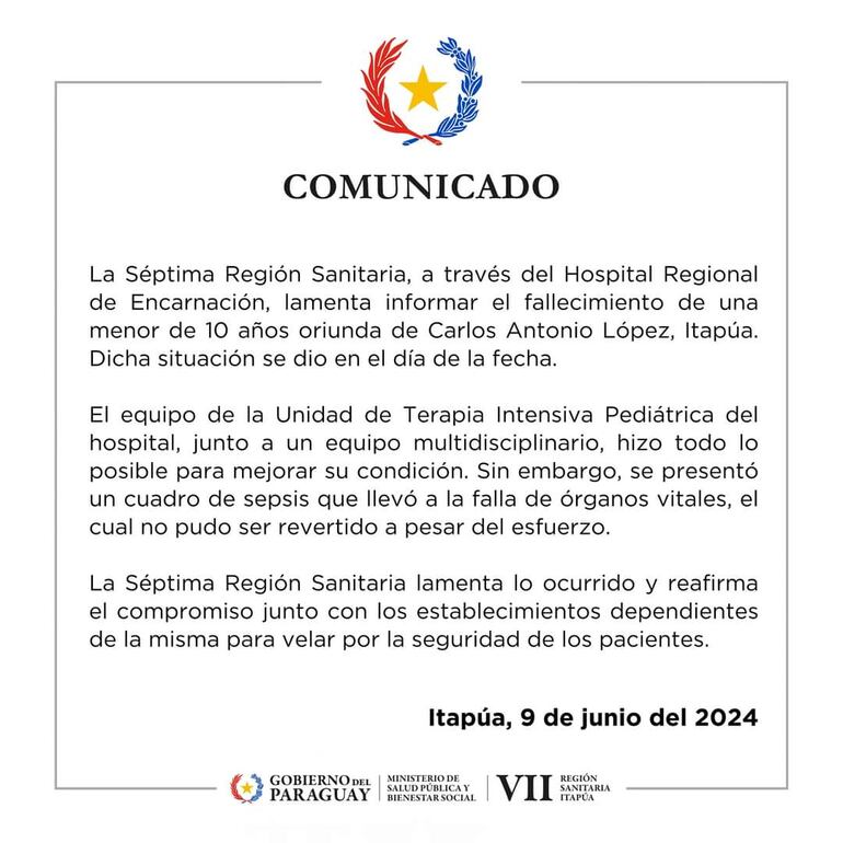 Comunicado de médicos del HRE sobre niña que murió tras sufrir abuso sexual.