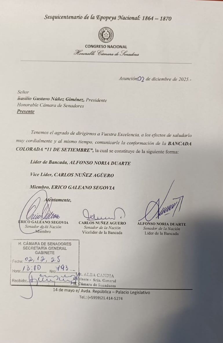 Nota en la que oficializan la conformación de la bancada 11 de Setiembre en la Cámara de Senadores por tres senadores que se alejan de Honor Colorado: Erico Galeano Alfonso Noria y Carlos Núñez.